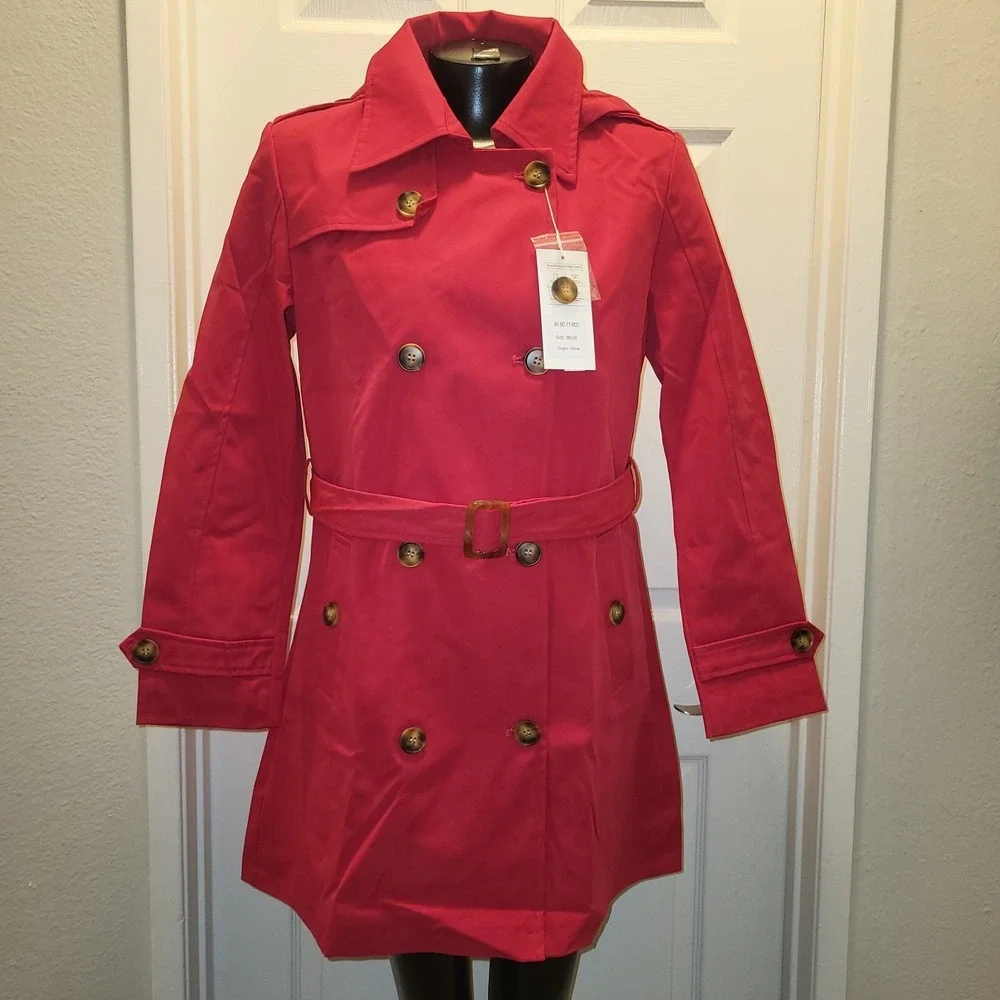 CREATMO US Women's Dress Coats Double-Breasted Trench Coat with Belt Red Size M